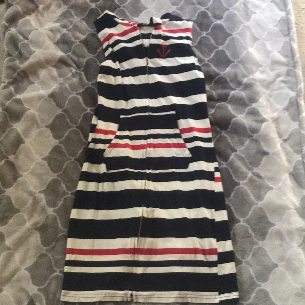 Red white and blue hooded zip up the front dress